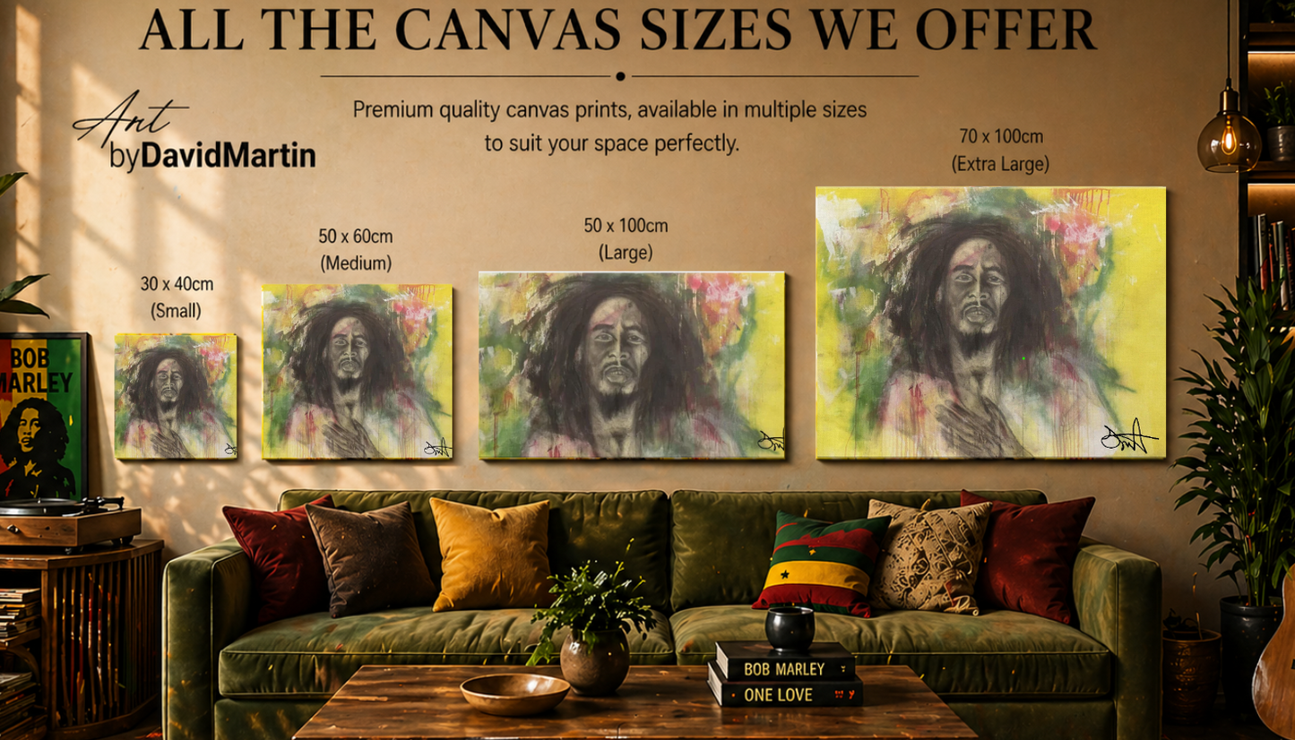 Bob Marley inspired canvas wall art with reggae colours – music inspired painting by Art by David Martin