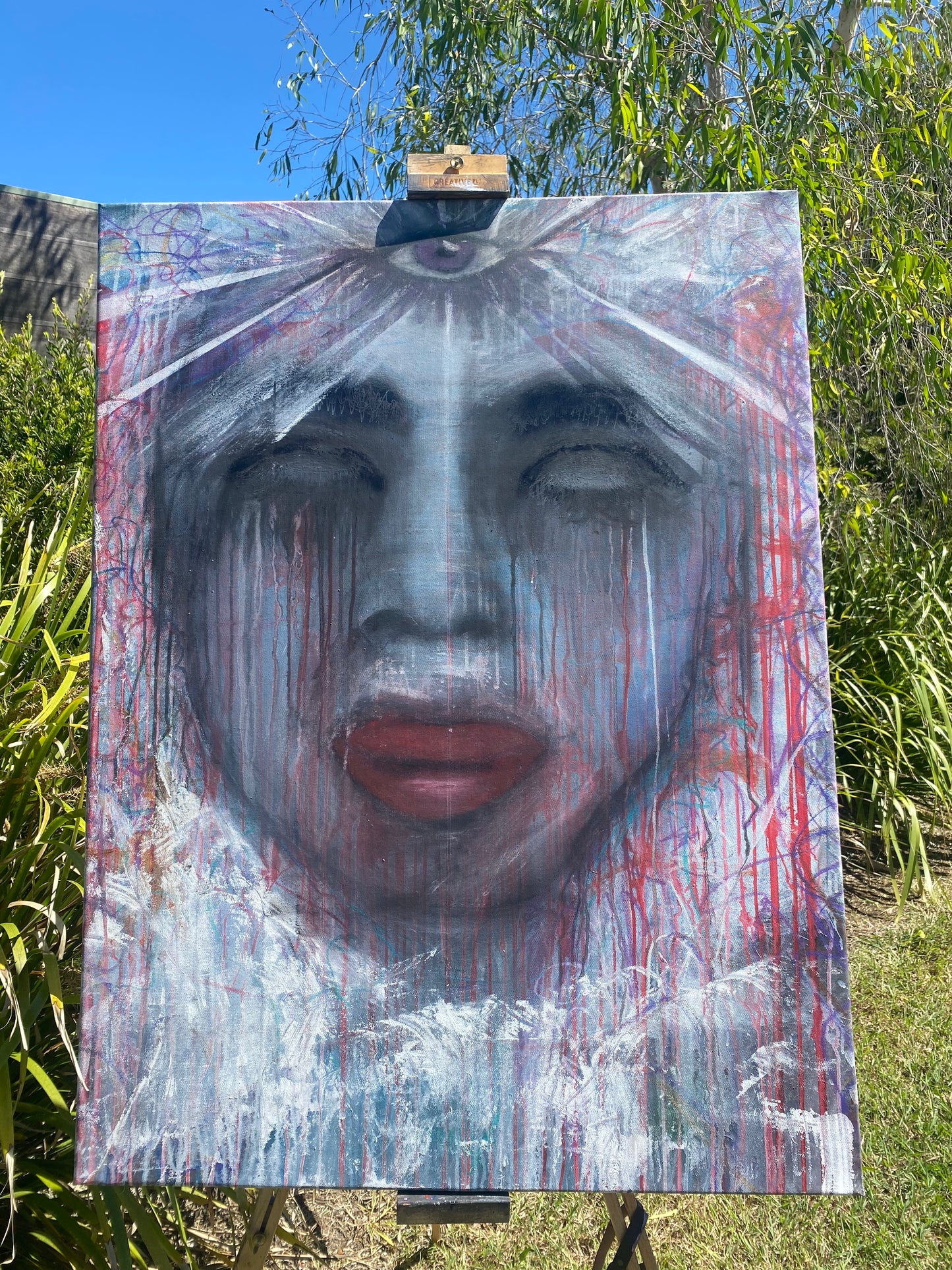 Large emotional abstract mixed media painting featuring a haunting feminine face with layered textures in charcoal, acrylic, and oil pastels on stretched canvas by Australian artist David Martin.