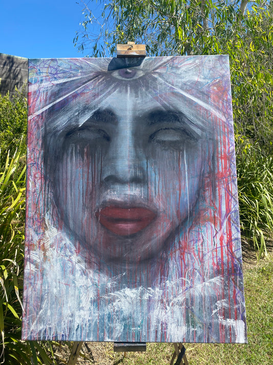 Large emotional abstract mixed media painting featuring a haunting feminine face with layered textures in charcoal, acrylic, and oil pastels on stretched canvas by Australian artist David Martin.